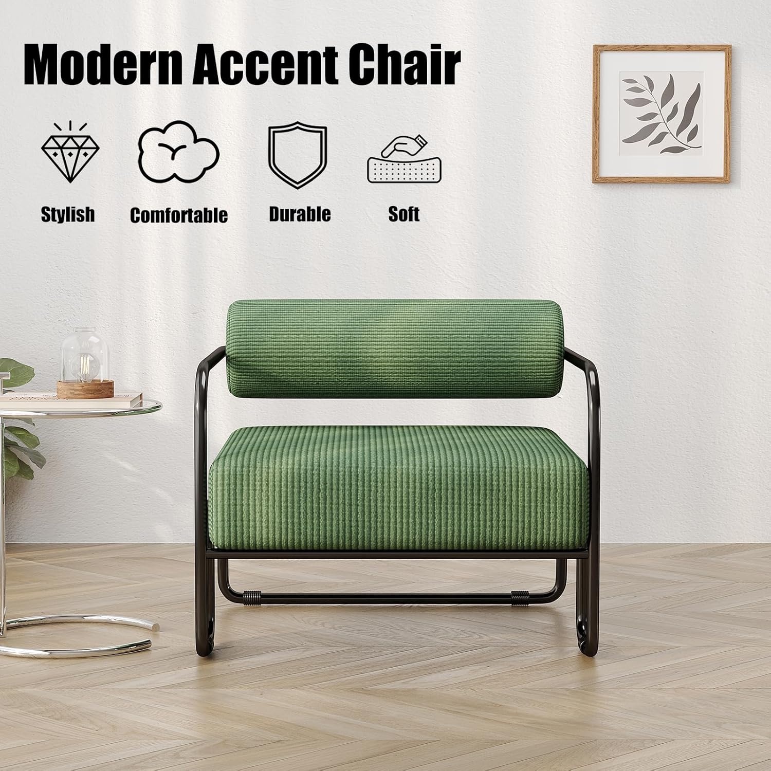 MIRASON Modern Accent Chair Metal Frame Chair Unique Upholstered Armchair with Cylindrical Backrest and Corduroy Fabric for Living Room,Bedroom,Office and Balcony, Green