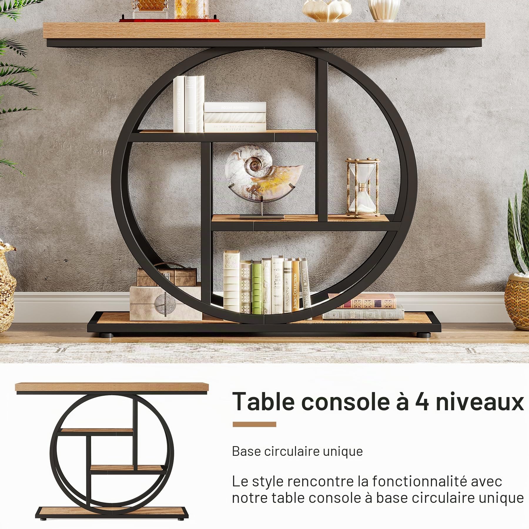 Tribesigns Console de Style Industriel de 105 cm, à 4 Niveaux avec Base Circulaire, étroite en Bois avec étagères de Rangement pour Salon et Couloir (Marron Clair)