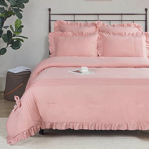 Miniatura 2 de Bedream Juego de edredón Shabby Chic de color rosa polvo con lazo romántico juego de cama de 5 piezas hecho a mano con volantes para dormitorio ropa