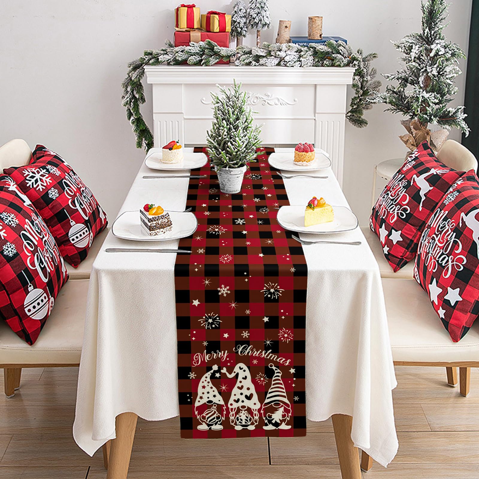 Weihnachtstischläufer 33x183 Cm – Mit Zwergen & Weihnachtsbäumen, Polyester, Für Drinnen & Draußen