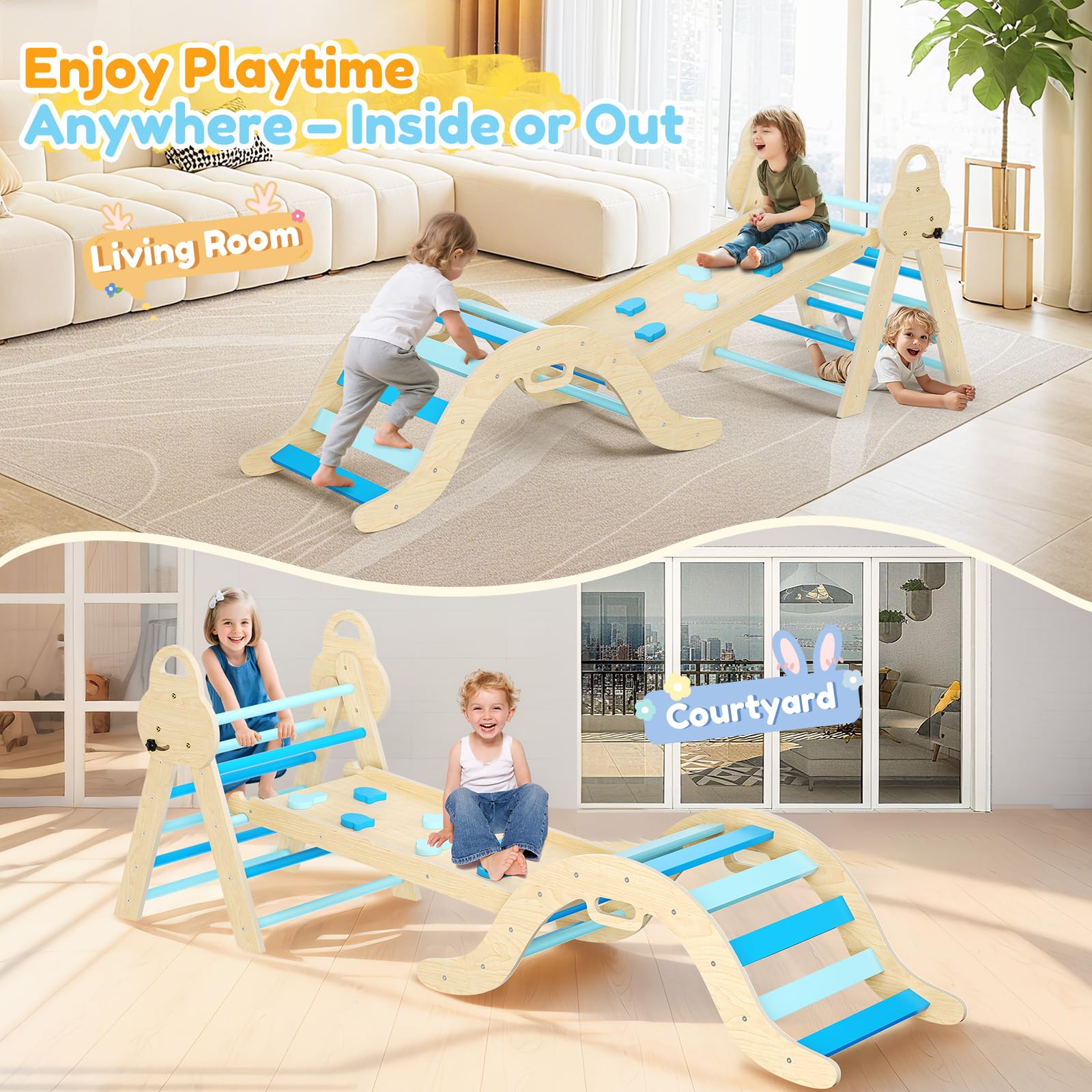 Montessori 7 en 1 estructura de escalada interior, triángulo de escalada con tobogán y arco de escalada, juguete de escalada de madera estable con alfombrilla de seguridad, parque infantil
