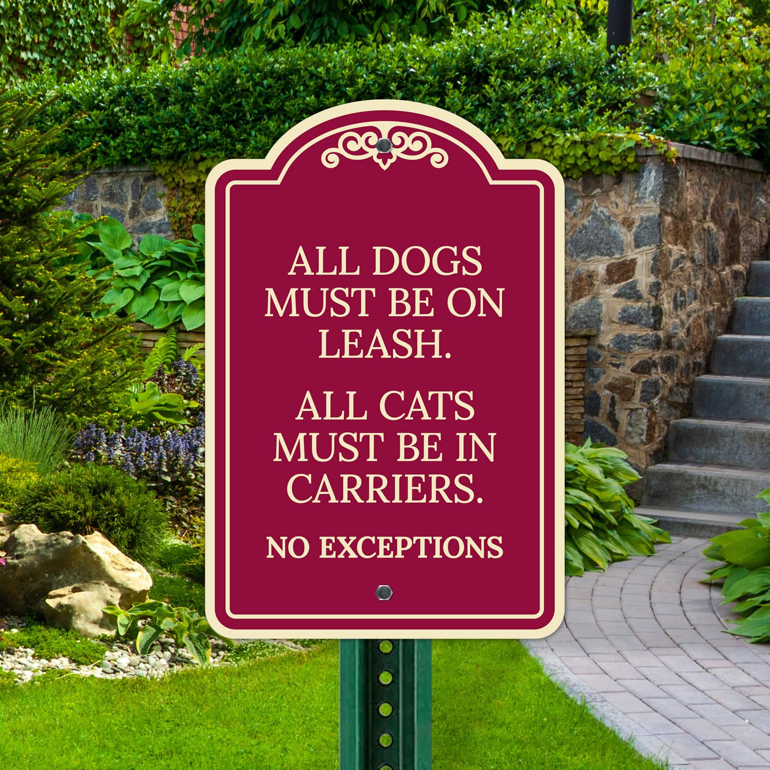 All Dogs Must Be On Leash All Cats Must Be in Carriers No Exceptions Decor Sign, Burgundy Dark, 12x18 Inches, ACM, Fade Resistant, Made in USA