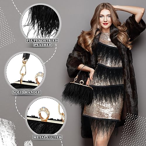 Miniatura 4 de 2 piezas de embrague de plumas de avestruz para mujer, adornos de plumas de avestruz, accesorios de flecos, bolso esponjoso de noche (negro)