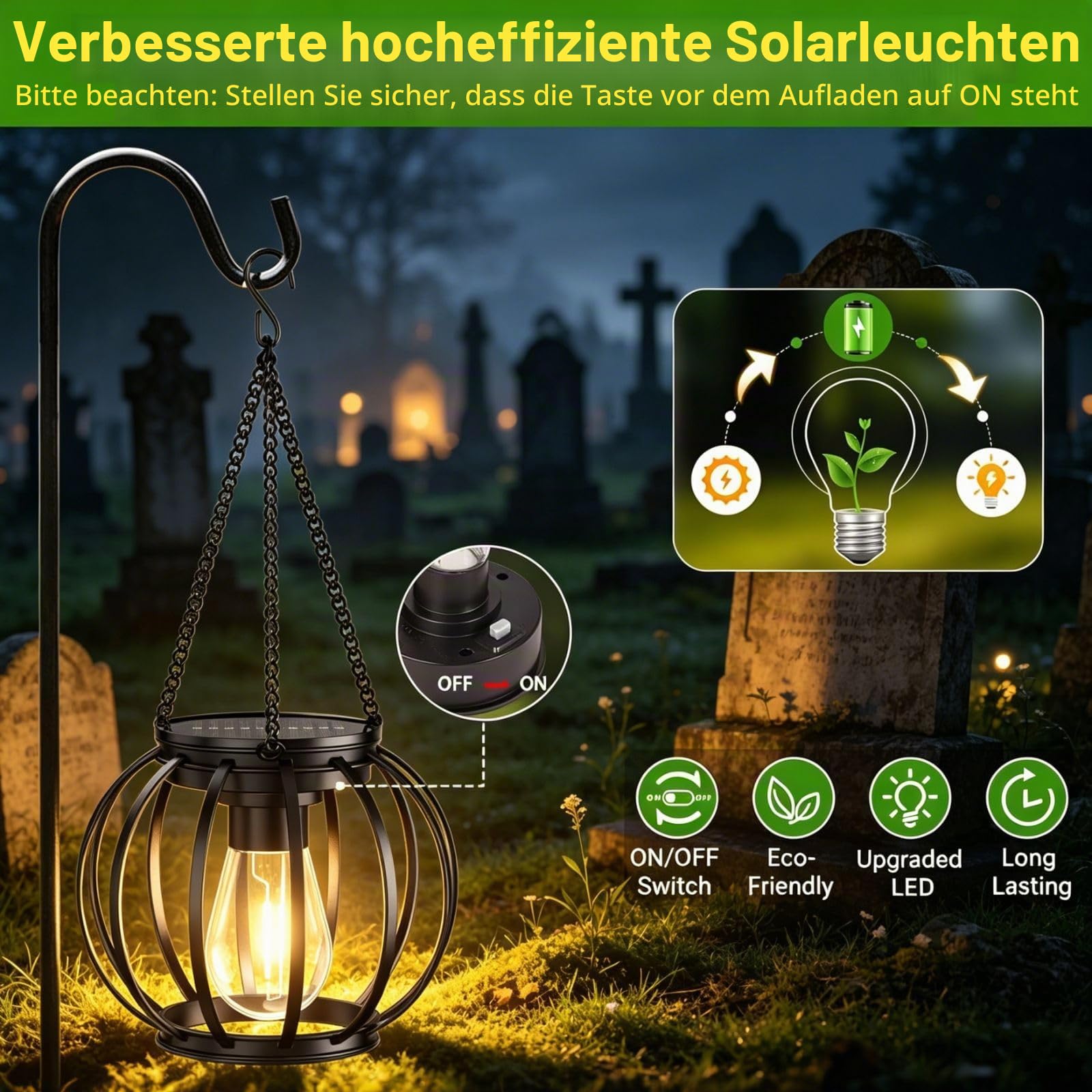 Solarlampen für Außen Hängend, 2026 Neue 4 Metall Solar Laternen für Draußen mit Größer LED-Glühbirne, IP65 Wasserdicht Solarleuchten Gartendeko mit Haken und Kette für Terrasse Rasen Balkon Hof