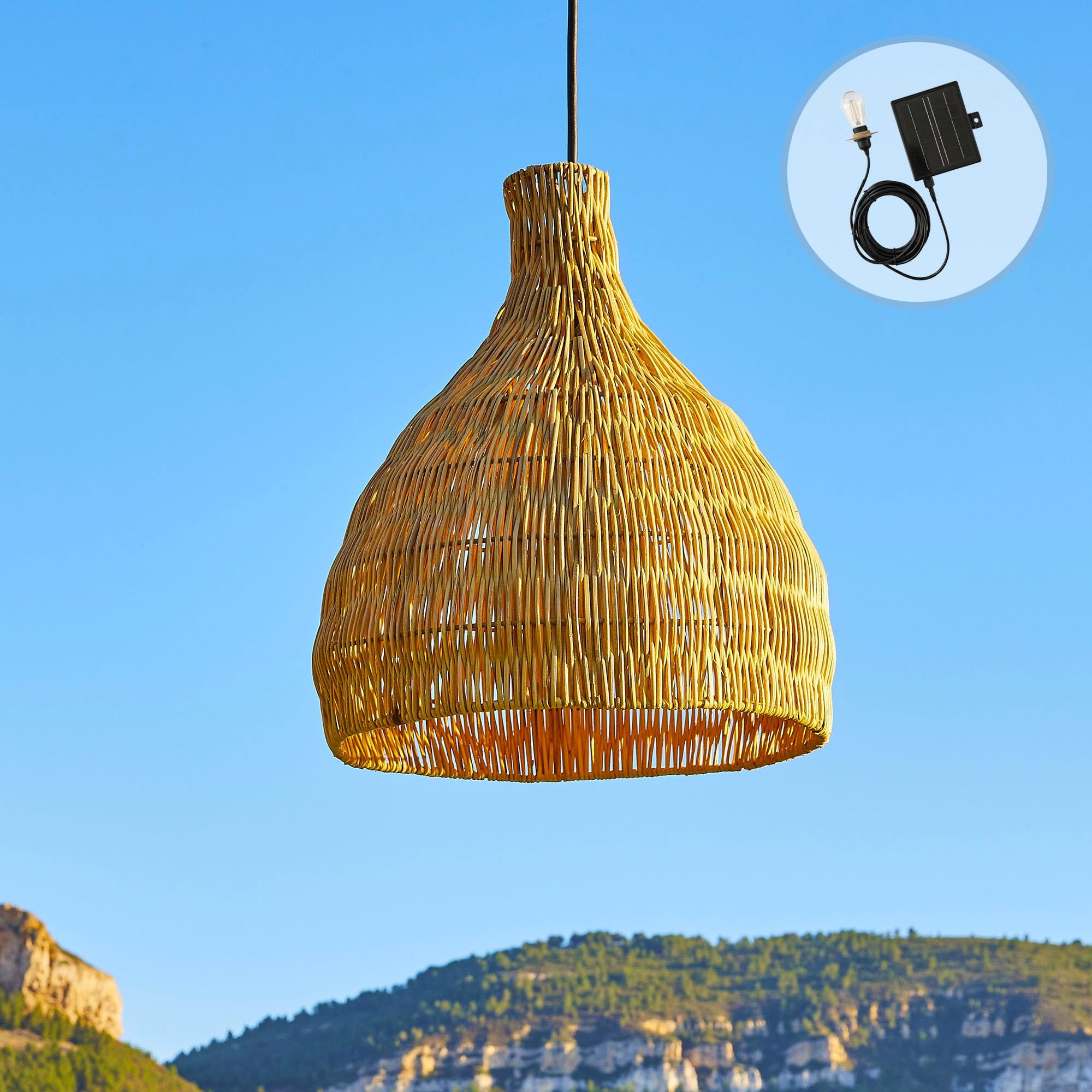 Lampada a sospensione solare BELLA SOLAR in rattan naturale con cavo ibrido di rete e solare 5 m di lunghezza