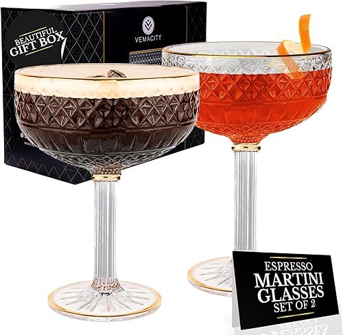Miniatura 9 de VEMACITY - Juego de 4 Copas de Cupé con Relieve (10oz) | Copas de Martini de Espresso Vintage con Bordes Dorados | Para Champán, Margarita, 4 vasos