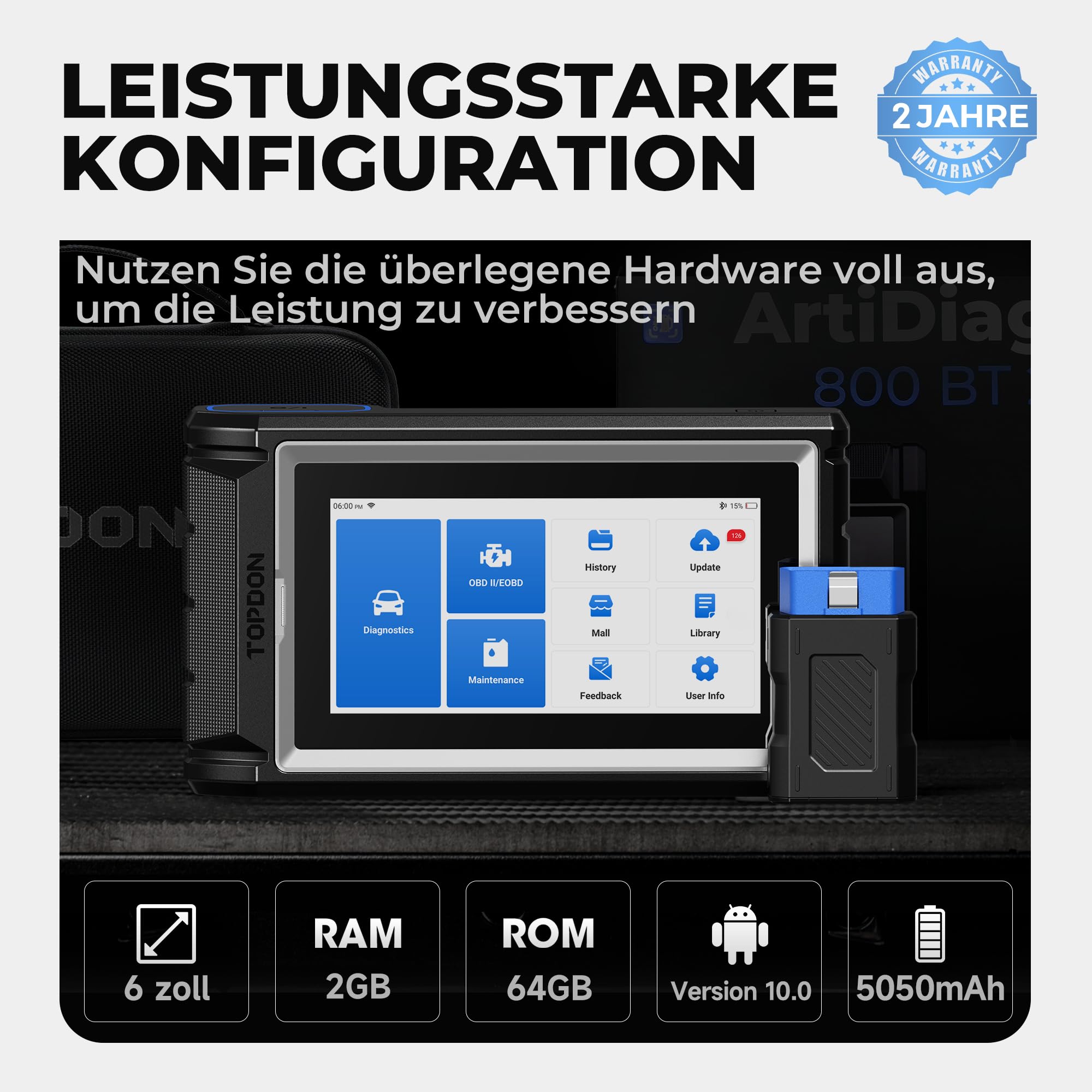 TOPDON ArtiDiag800 BT2 OBD2 Diagnosegerät mit Alle Systemdiagnosen &28 Servicefunktionen, Bidirektionale Kontrolle/Aktive Test, Auto Diagnosegerät mit Bluetooth deutsch, 2 Jahre kostenlose Updates