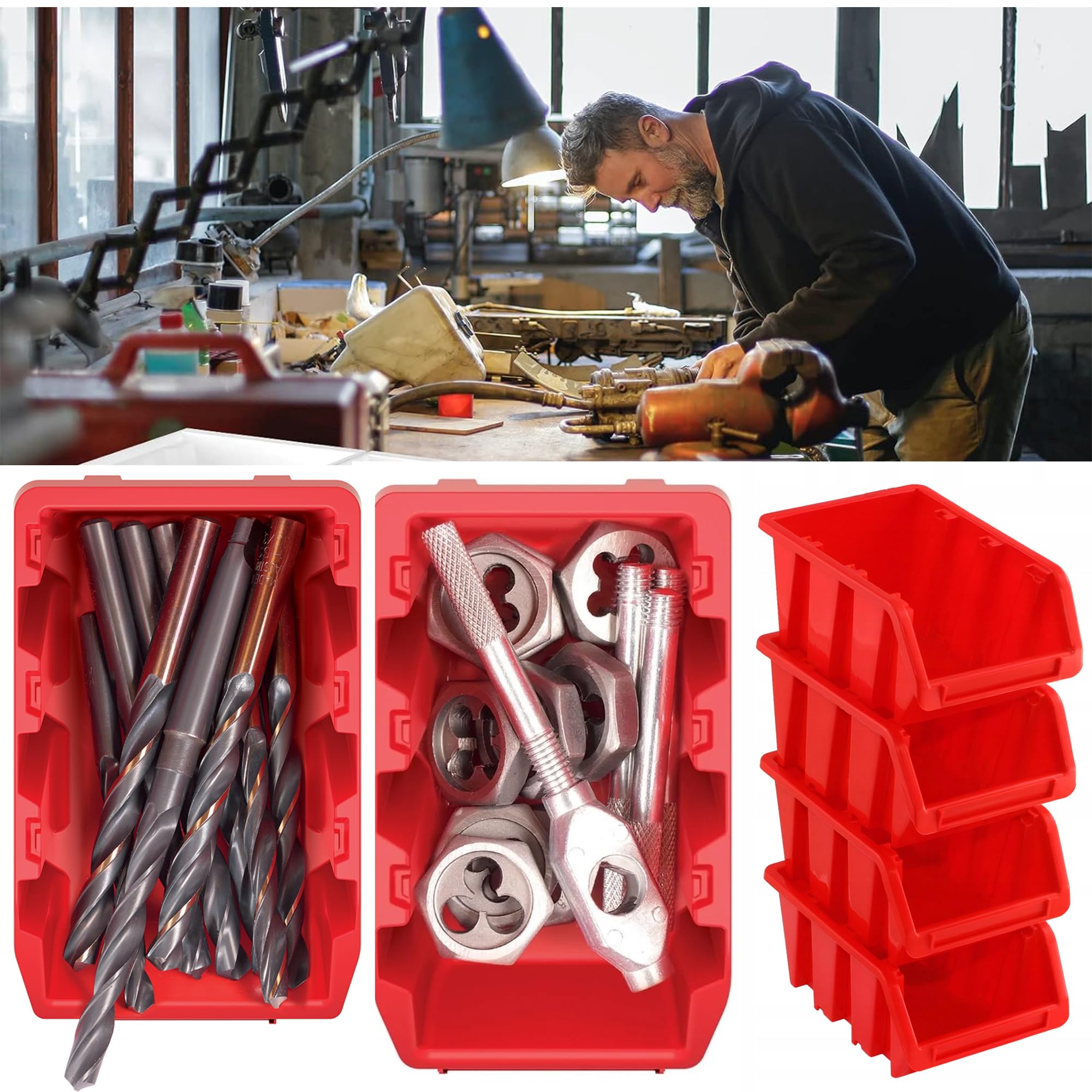 Lot de 5 boîtes empilables d'atelier en plastique PP - Boîtes de rangement pour mur à outils - Rouge - 39 x 24 cm