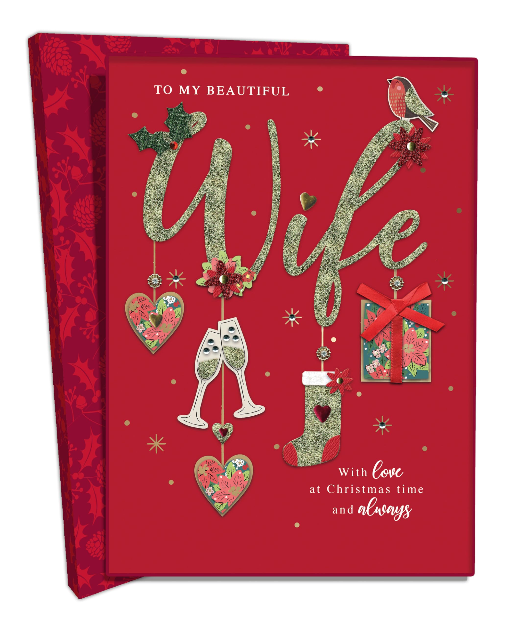 Boxed Beautiful Wife Luxury Lavish Keepsake Christmas Greeting Card In A Box KCSNXLB062, Red, Large A4