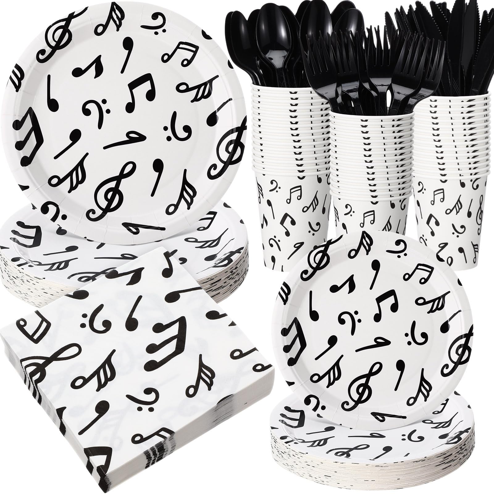 Pickmesh 400 Pcs Music Paper Plates and Napkins Set, Disposable Black Music Note Plates Cups Napkins Cutlery for Birthday, Wedding, Baby Shower, 50