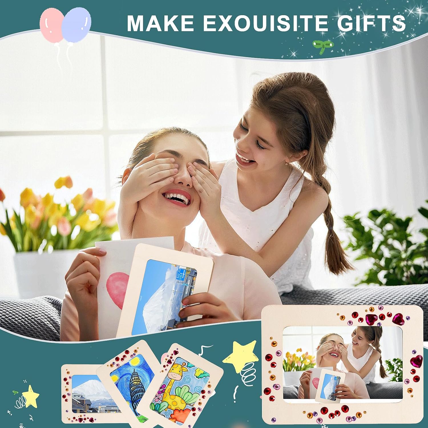 19 Pcs Picture Frame Painting Craft Kit, 4 * 6 In DIY Unfinished Wooden Picture Frames with Diamond Stickers, Colored Pencils, Flash Stickers, Natural Wood DIY Frame Kit for Birthdays, Anniversaries