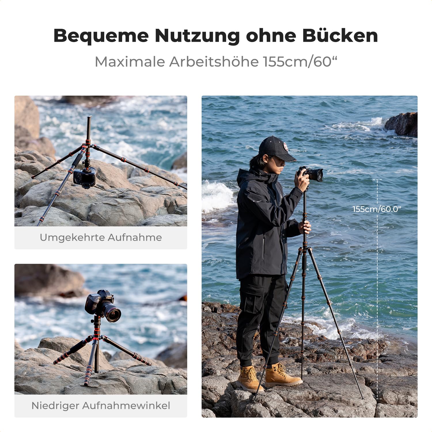 K&F CONCEPT 152cm Carbon Stativ, Leichtes Tripod, Flexibles Kamera Stativ mit 360° Kugelkopf, 1/4'' Gewinde, Tragtasche für DSLR Camera A225C0+BH-25L