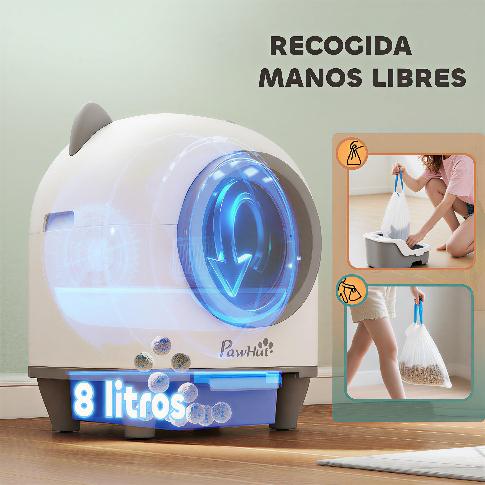 PawHut Arenero Gatos Autolimpiable 80L con Eliminación Olores Control App | Protección Seguridad, Arenero Autolimpiable, Incluye 1 Rollo Bolsas Basura