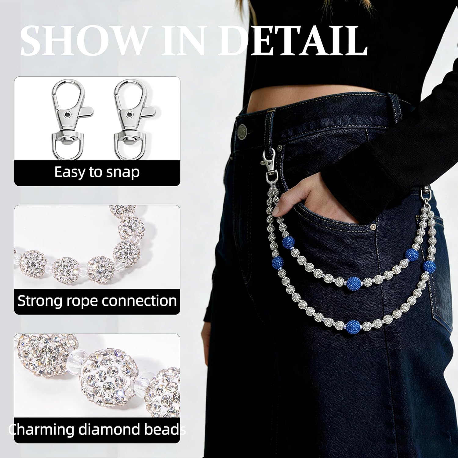 Wallet Chain for Men Women Pants Chains Belt Chain Rhinestone Pocket Chains Baseball Keychain Jewelry Gift - Image 7