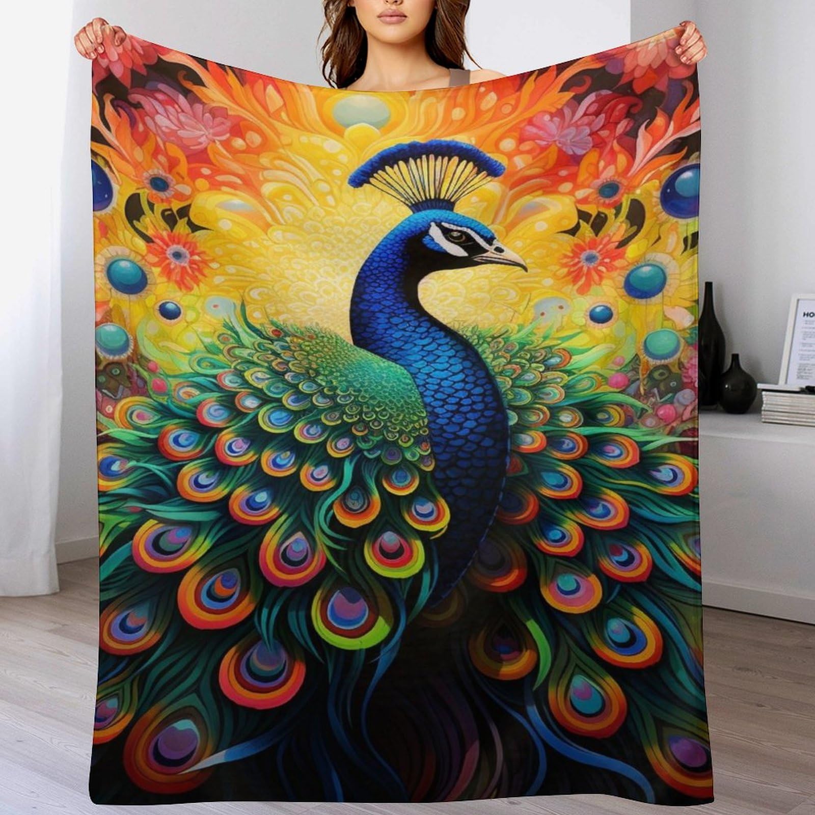 Couverture paon en flannel douce 180x200 cm pour lit et canapé