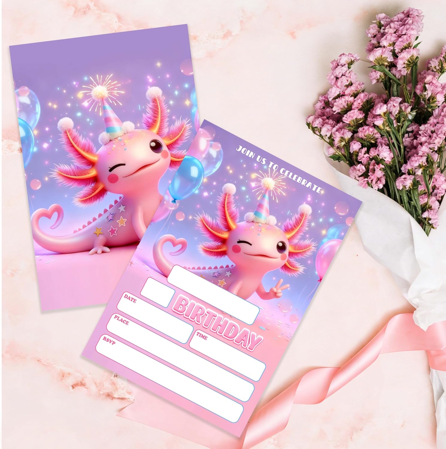 4x6 Pink Axolotl Birthday Invitations (20 Cards + 20 Envelopes) - Sparkly Kids’ Birthday Party Invites.((045)