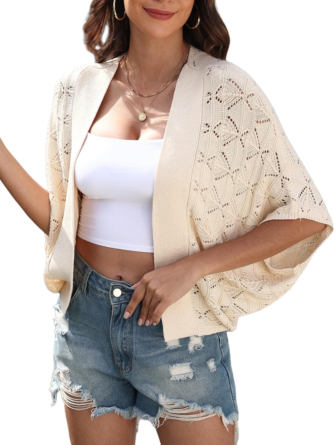 Women 2025 Batwing Hollow Out Open Front Summer Lightweight Sweater Crochet Cardigan