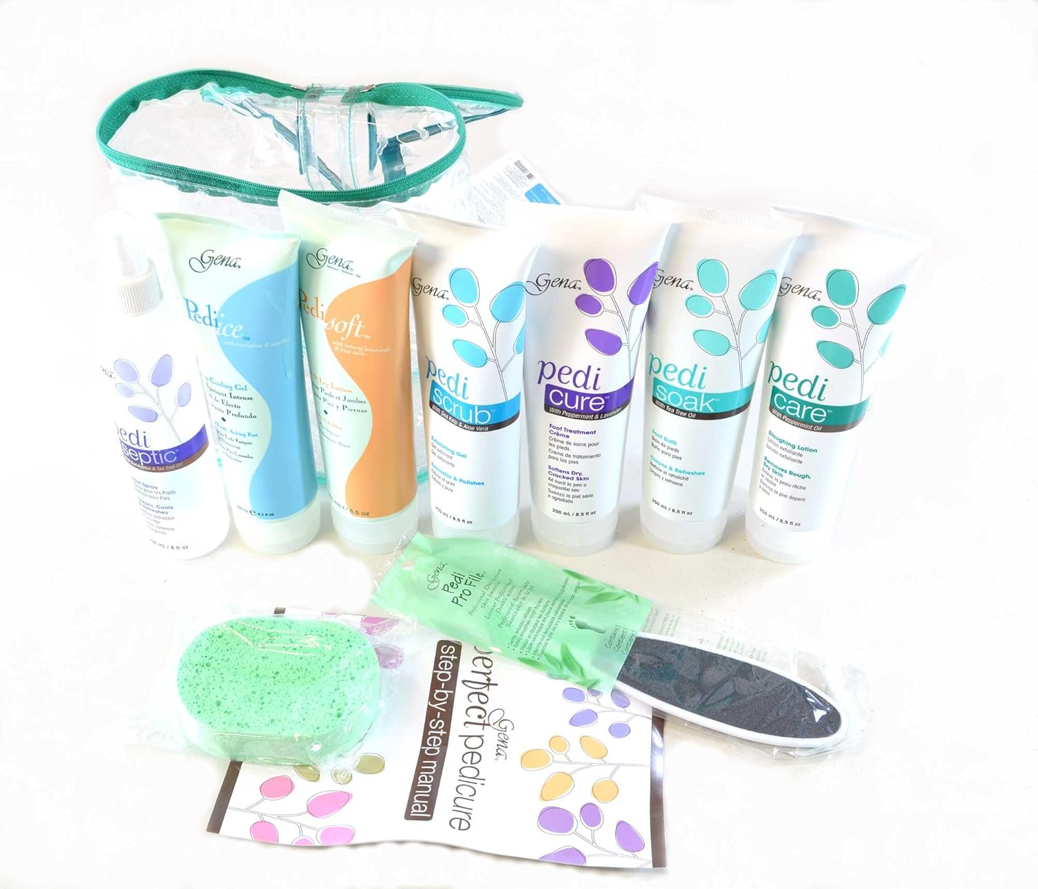 Gena Pedi Pak Intro Kit - 7-Piece Pedicure Kit Foot Spa with Foot Scrub, Soak & Pumice Stone in A Tote, At-Home Pedicure Set