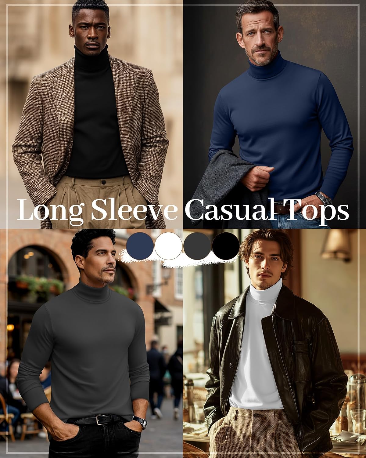 Huukeay 4 Pack Men's Turtleneck Shirts, Long Sleeve Casual Pullover Lightweight Slim Fit Sweater Basic Thermal Underwear Tops