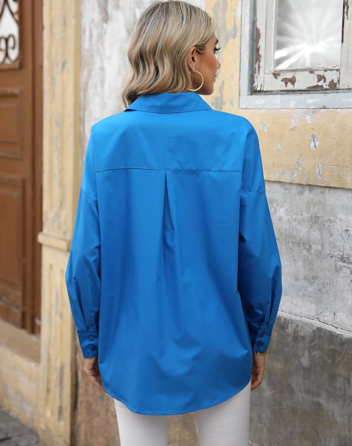 Womens Button Down Long Sleeve Shirts Loose Fit Casual Work Oversized Blouse Tops - Image 4