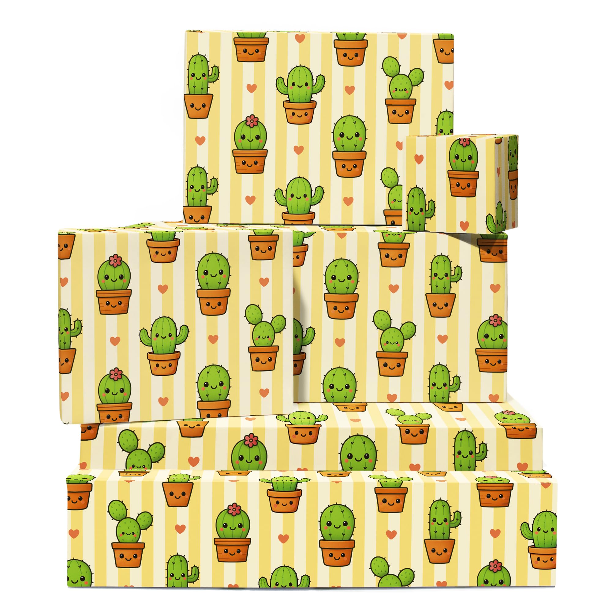 Cactus Wrapping Paper - 6 Sheets Fun Gift Wrap For Women Men Kids Teens - Birthday Christmas Wedding Housewarming - Green Succulent Cartoon Plant Print - Comes With Tags by Central 23