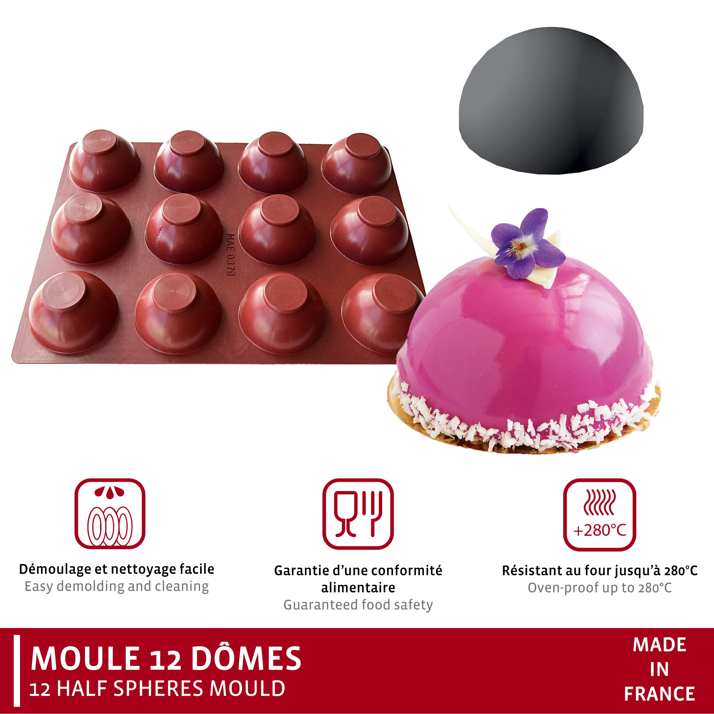 Maé Innovation Moule silicone 40x30cm - 12 dômes ø7,8x3,8cm - Antiadhésif - 100% Premium - Made in France
