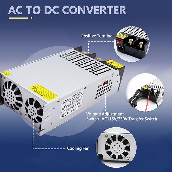 110V AC to DC 12V Converter 120V to 12V 125A 1500W Power Supply | 125A 1500W Switching Power Supply for LED Strip Motor Pump CCTV Camera System Car Stereo 3D Printer Air Compressor