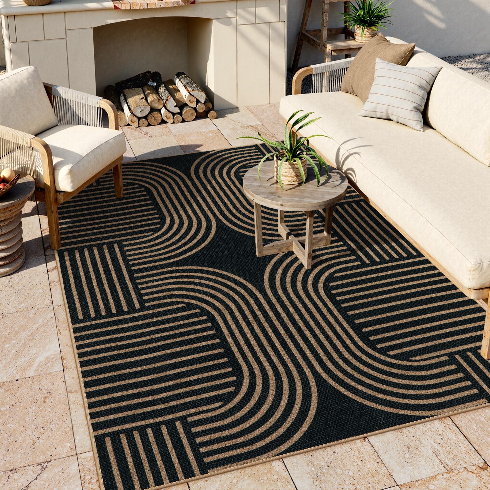 Lahome Modern Geometric Outdoor Easy Jute Rug, 5x7 Patio Living Room Rug Large Black Carpet for Bedroom, Farmhouse Washable Indoor Outdoor Carpet for Dining Room Backyard Deck 5' x 7' (Recta