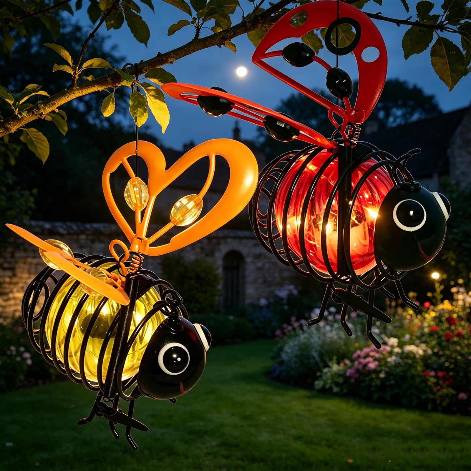 Solar Powered Hanging Bee Garden Light Outdoor, Metal Waterproof Garden Lantern, Auto-On Led Fairy Decor for Patio Yard Pathway (2pcs-g)