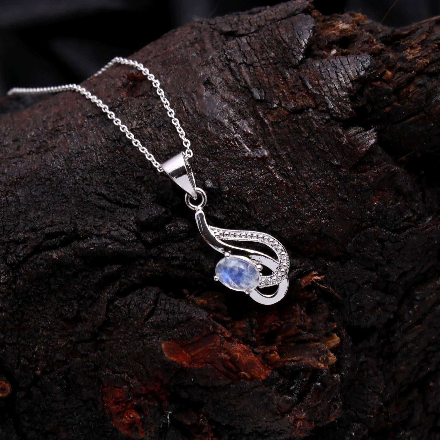Natural Rainbow Moonstone Gemstone Oval Cabochon Dainty Pendant Necklace, June Birthstone, Healing Crystals Women Jewelry in 925 Sterling Silver Chain 18 inch - Image 4