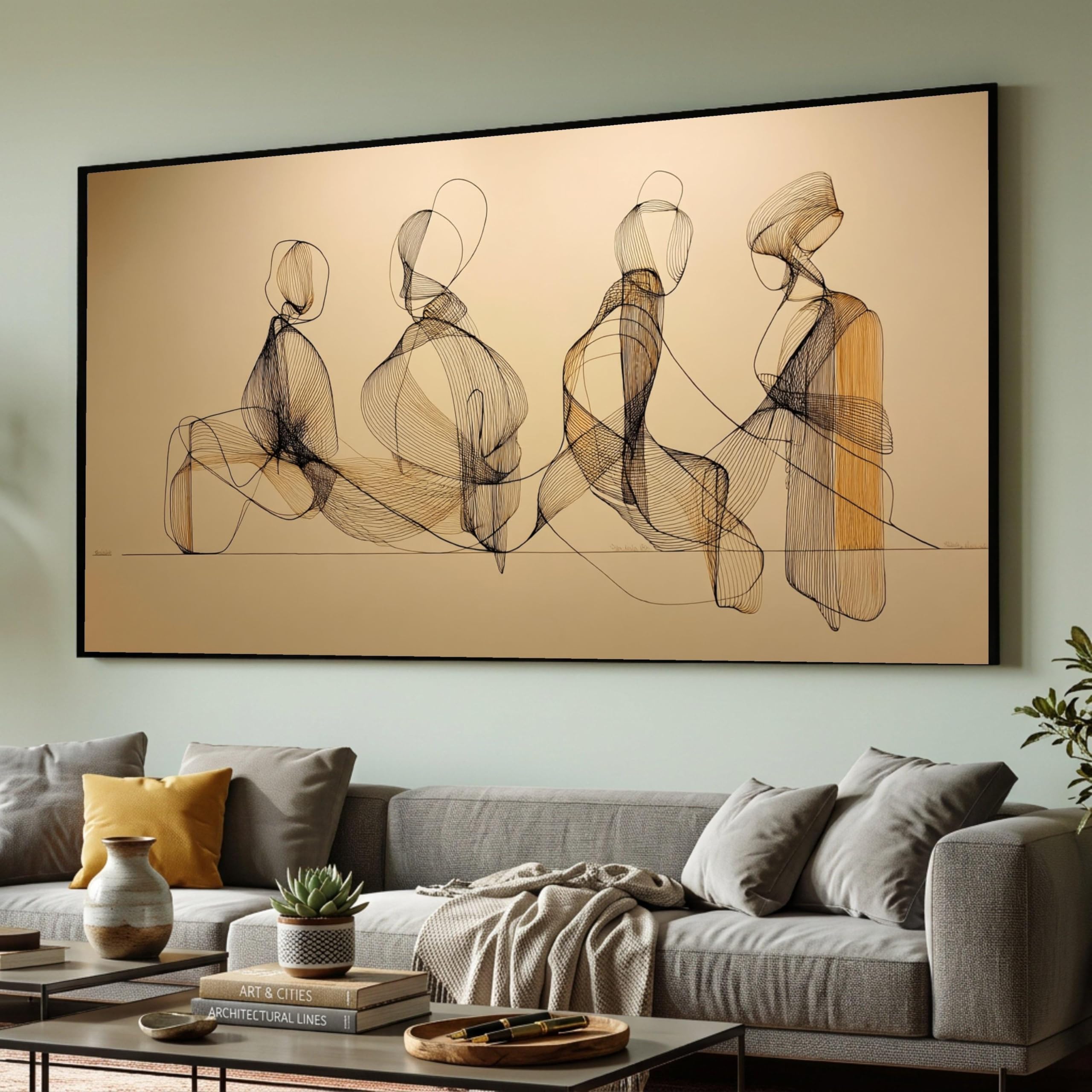 LMYCHENG Abstract Wire Figures Canvas Wall Art, Minimalist Decor, Line Art Silhouettes Painting, Contemporary Living Room Mural(60x105cm/Frameless)