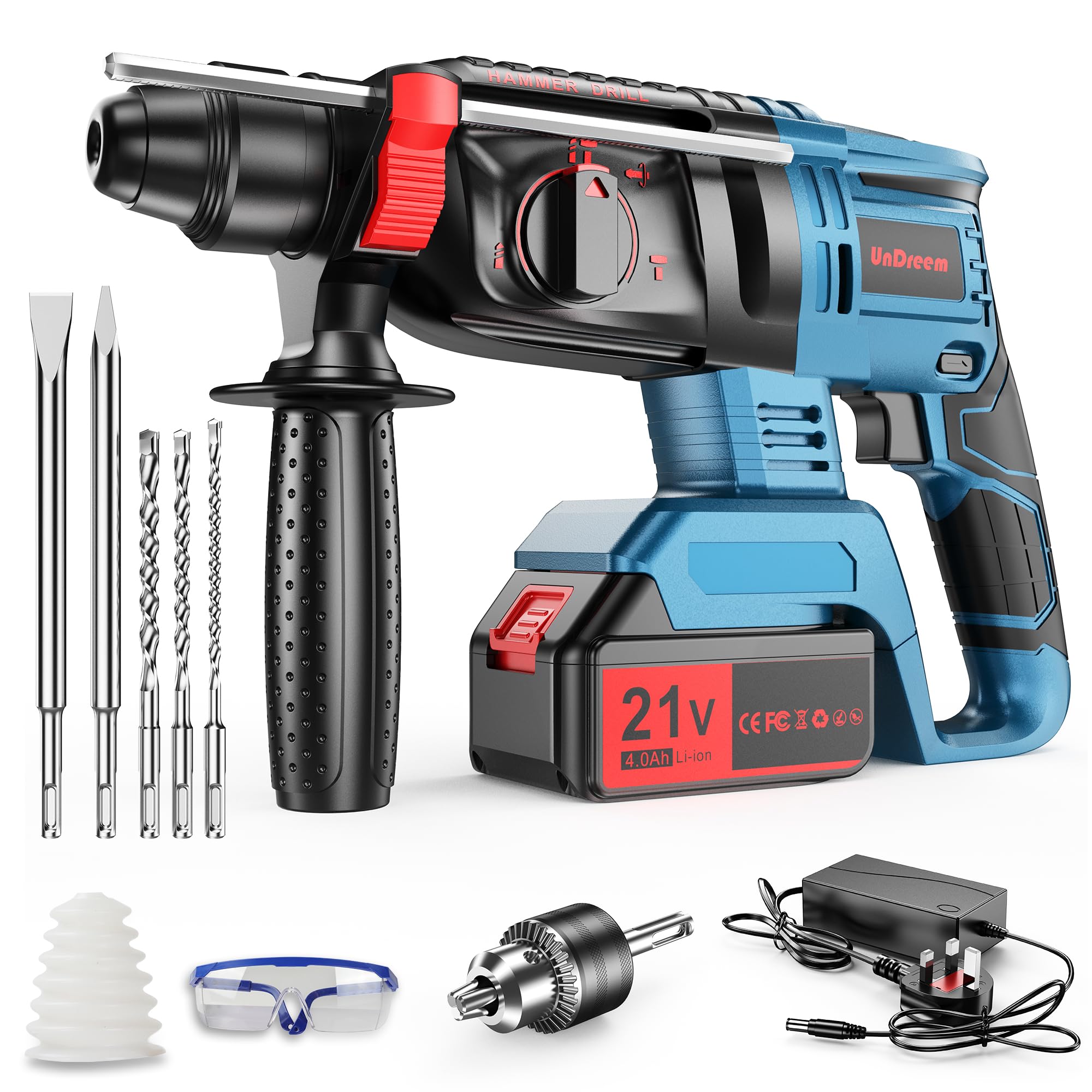 Martello Perforatore a Batteria, Martello Tassellatore a Batteria, Martello Demolitore Batterie 21V 4Ah, 4 in 1 Funzione, Adattatore SDS-plus con Mandrino, 3 Punte, 2 Scalpelli