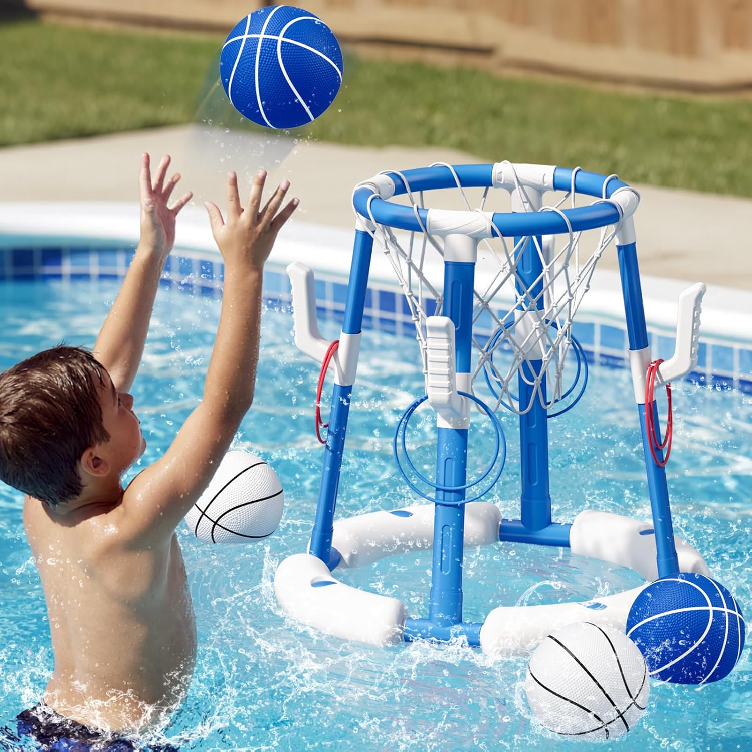 HYES 2 in 1 Pool Basketball Hoop, Floating Pool Toys with 4 Balls/8 Ring Toss Game for Kids Ages 4-8, Indoor Outdoor Water Basketball for Poolside Family Party for Adults Kids 8-12, Blue