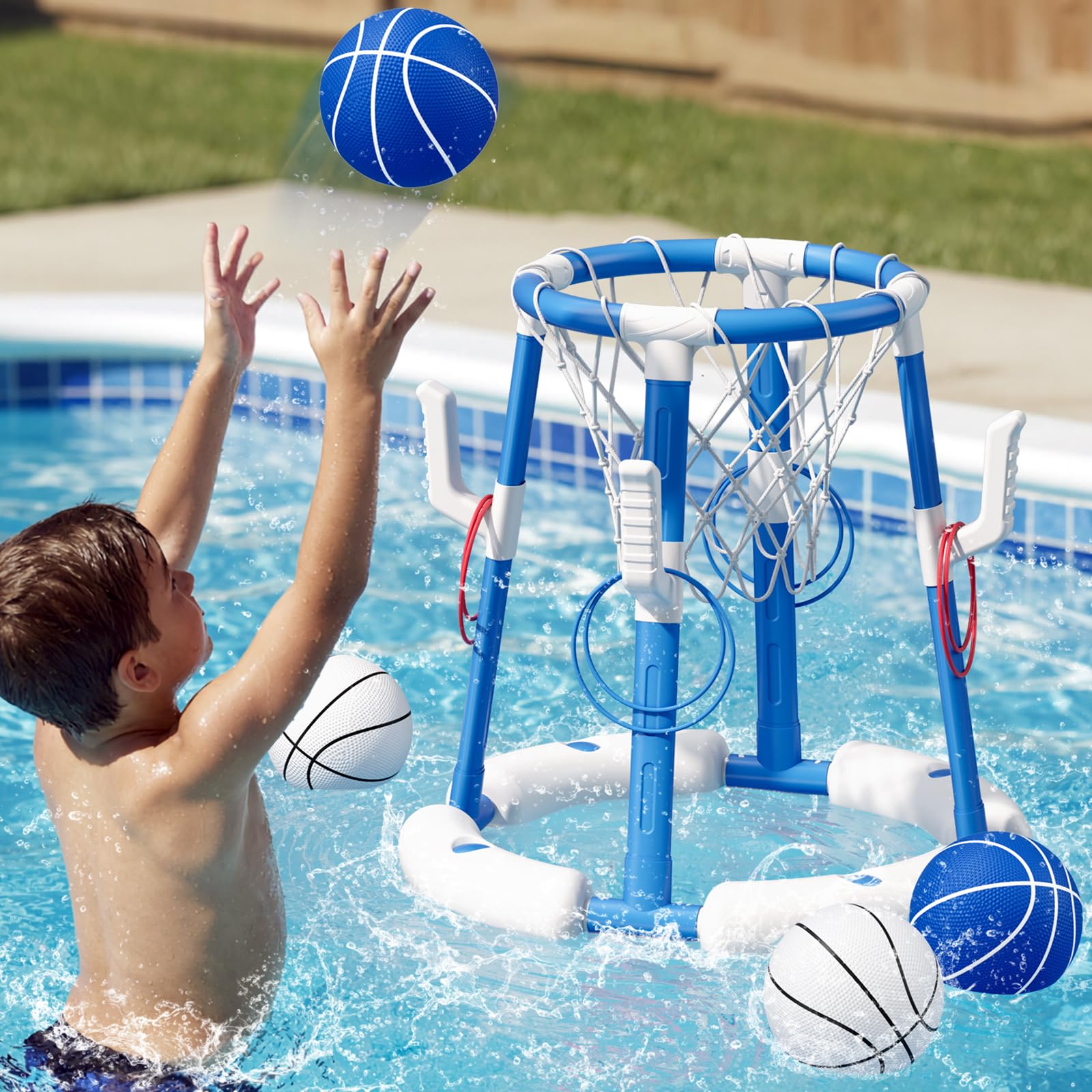 HYES Canasta de Baloncesto Piscina, Flotante Canasta Juguetes para Niños, Piscina de Baloncesto con 4 Bolas 8 Anillo, Juegos de Agua Interior y Exterior para Niños Adultos, Azul