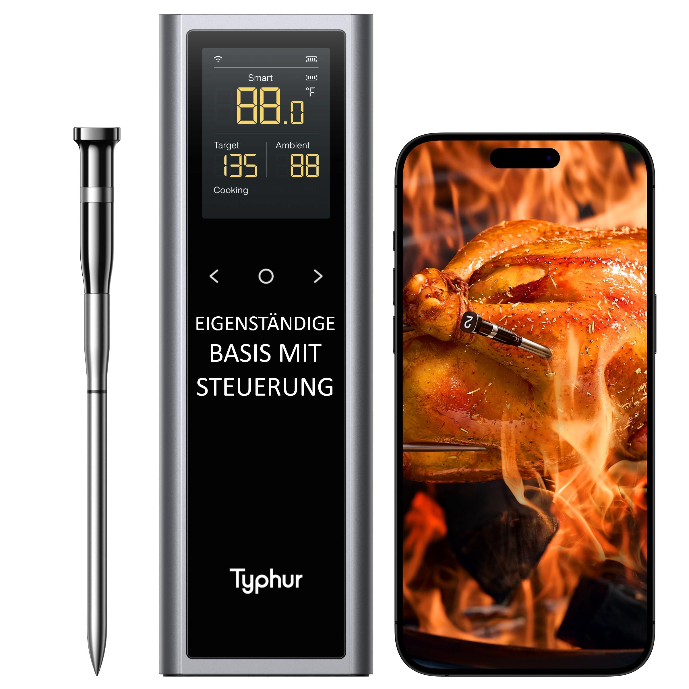 Typhur Sync Kabellose Smarte Fleischthermometer – 1 Sonden 6 Sensoren, 122m Bluetooth 5.3, Unbegrenzte WiFi Überwachung Stabilität, IPX8 Wasserdicht, Grill Ofen Küche Lebensmittel Heißluftfritteuse