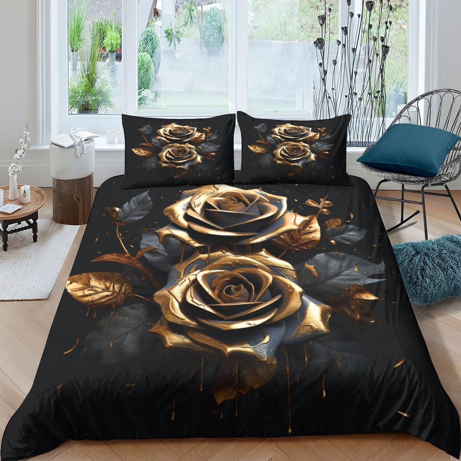 FGRID Black Gold Rose 3 Pieces Duvet Cover Set 3D Printed Bedding Gold Leaf Quilt Cover Set Soft Microfiber Bedding Zipper Closure for Teens And Adults King Size Comforter Cover King（220x240cm）