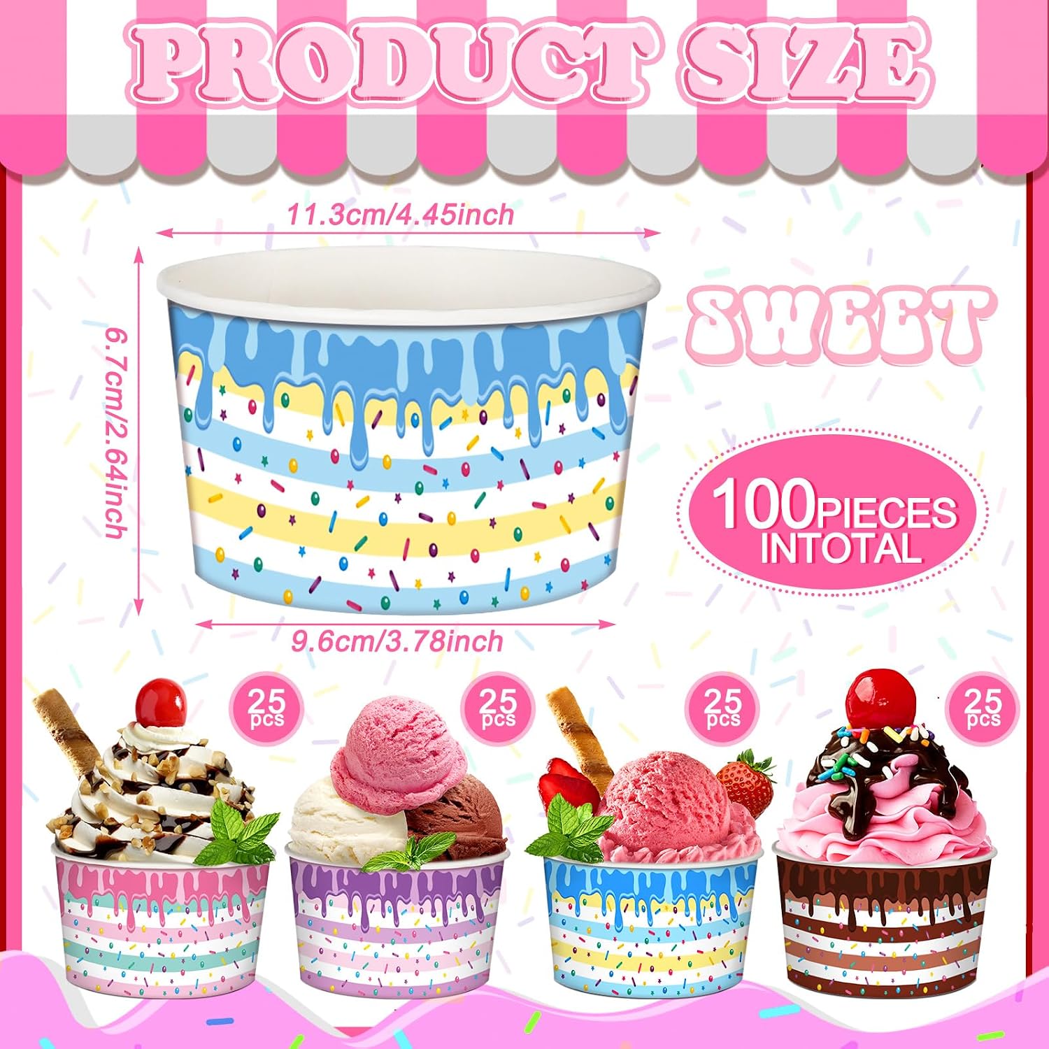 Domensi 100 Pcs 12 oz Ice Cream Cups Bowls Disposable Summer Party Paper Food Containers for Sundae Treat Snack Dessert Frozen Yogurt Summer Holiday Birthday Party Supplies(Ice Cream)