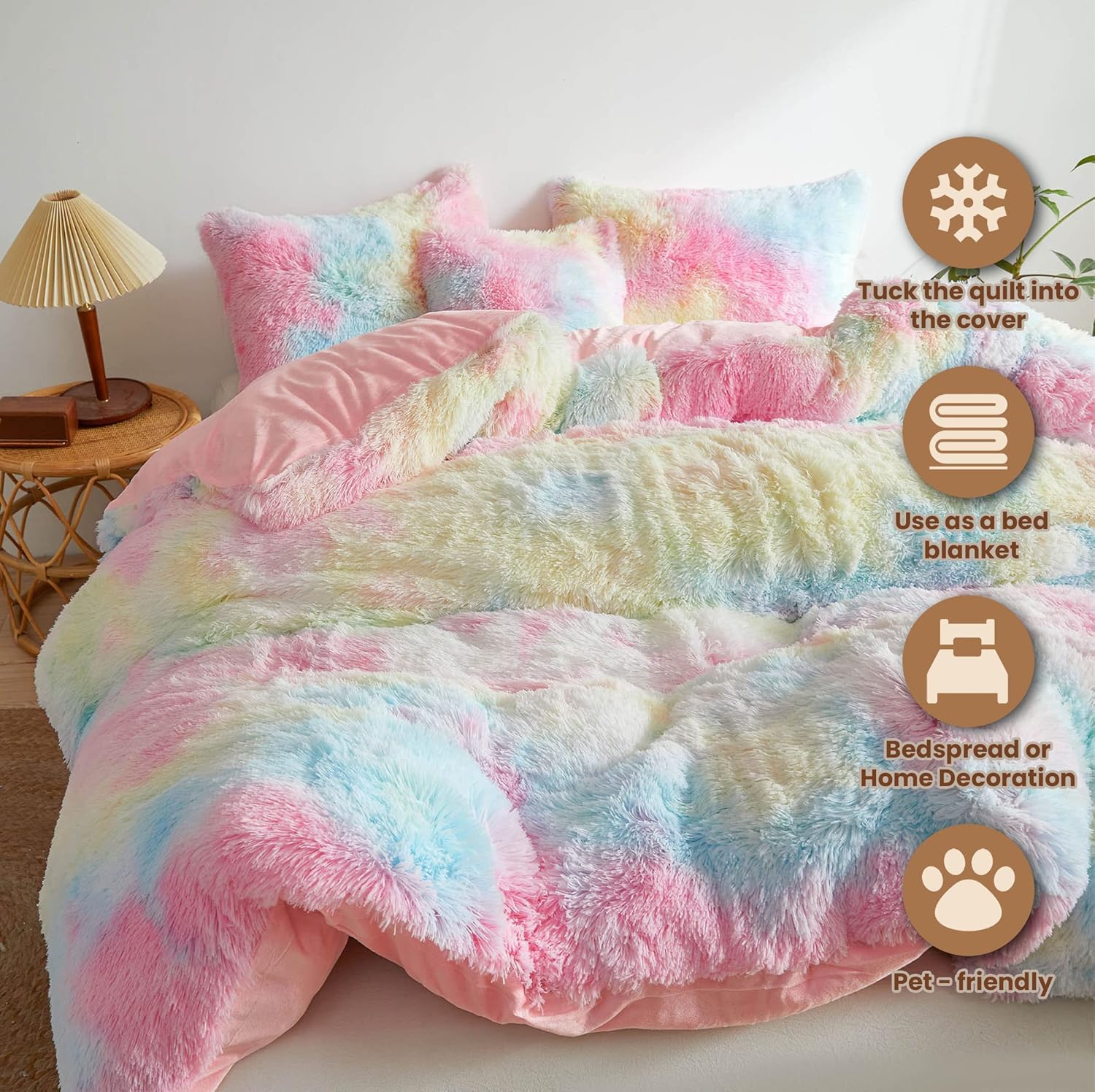 MEGO Rainbow Fluffy Plush Duvet Cover Set, Tie Dye Print Faux Fur Comforter Cover, Soft Multicolor Shaggy Bedding Set for Teens Kids Girls Child, 1 Fuzzy Duvet Cover + 2 Furry Pillowcases, Queen Size - Image 3