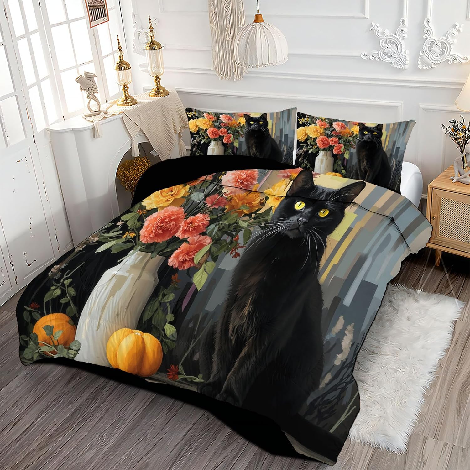 Oil Painting of Animals Comforter Set Full Size, Cat Flowers Bedding Set for Girls Boys, Black Quilt Bed 79"X90" Bedding Comforter Sets with 2 Pillowcase Room Decor