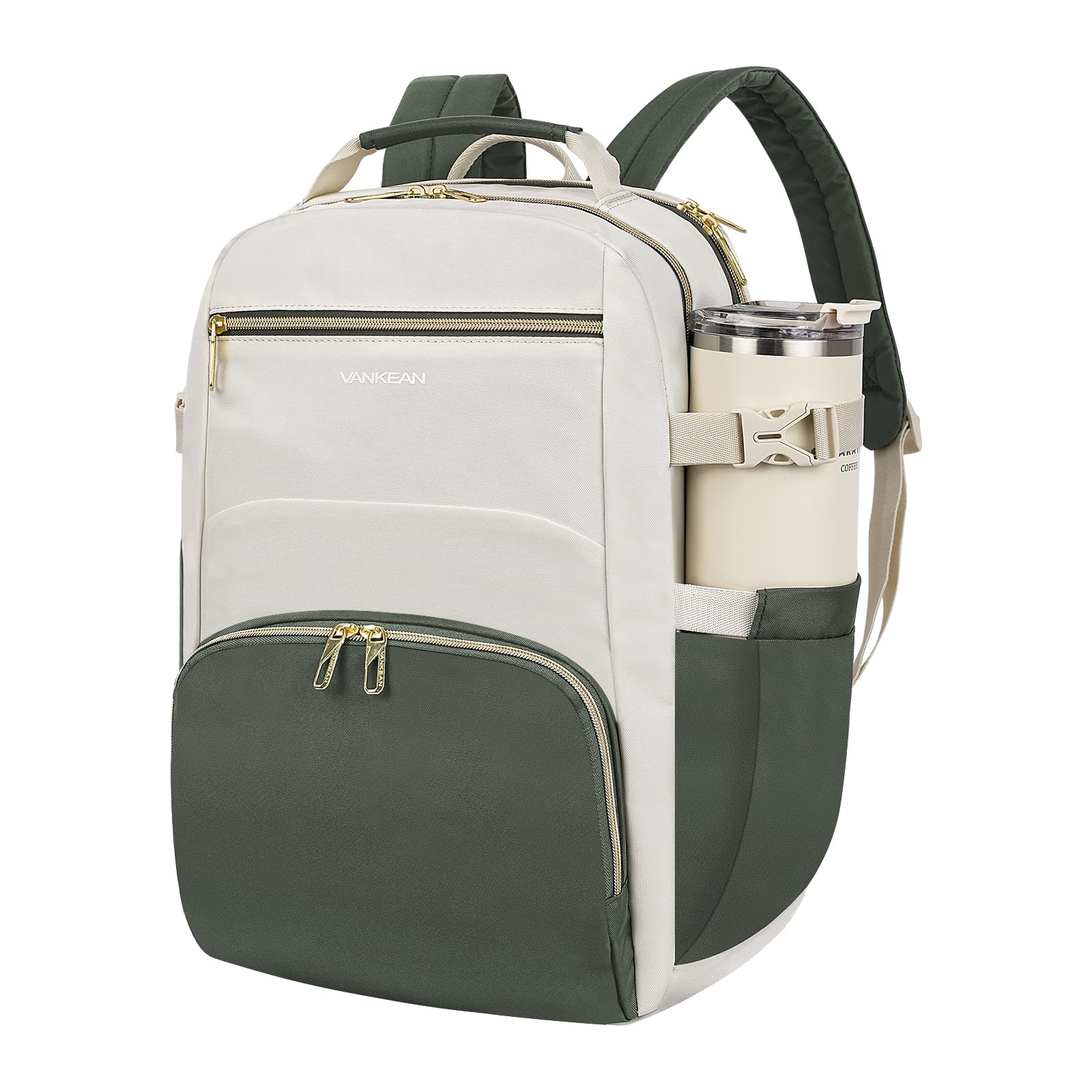 VANKEAN Zaino per computer portatile da donna con tasca gigante per bicchiere, 43,9 cm, per scuola, università, insegnante, zaino impermeabile, da lavoro, viaggio, borsa per computer portatile, beige