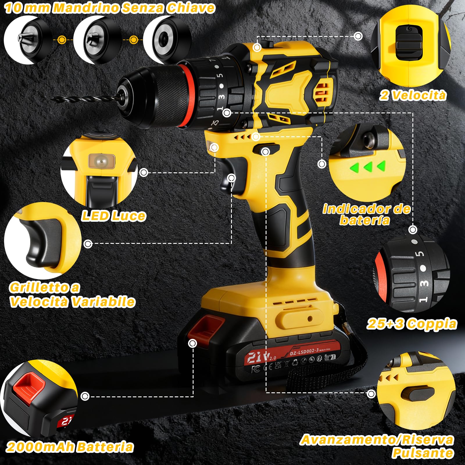Brushless Trapano Avvitatore Batteria, 21V Trapano a Percussione, 70Nm Max con 2 Batterie 2.0Ah, 25+3 Coppia,2 Velocità,LED Luce, Avvitatore Elettrico per avvitare e forare legno, plastica e metallo