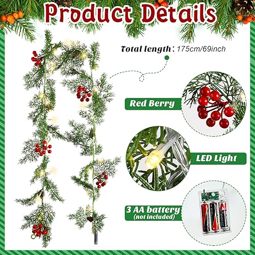 Miniatura 3 de Spiareal Guirnalda de Navidad LED de 5.74 pies, funciona con pilas, agujas de cono de pino iluminadas, 20 unidades, decoración artificial de bayas