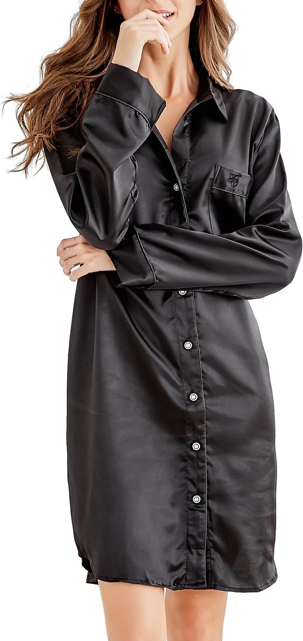 Women's Nightshirt, Satin Nightdress Long Sleeve Sleep Shirt Ladies' Nightgown Button Down Sleepwear Nightwear Loungewear