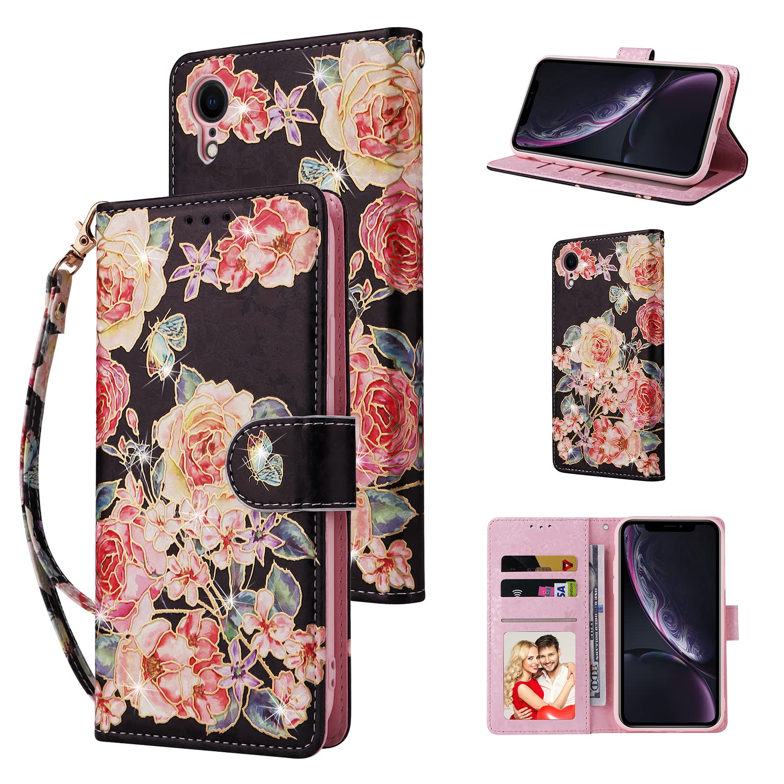 UEEBAI Wallet Case for iPhone XR, PU Leather Phone Case Kickstand RFID Blocking Flip Case with Card Slots Wrist Strap Relief Engraved Pattern Magnetic