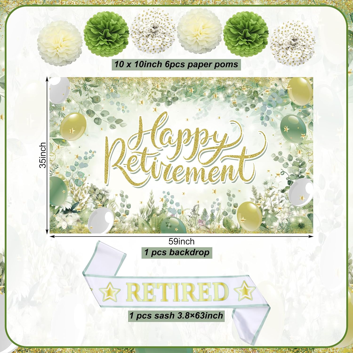 Amazon.co.jp: 退職パーティー 飾り セット 定年 お祝い イベント happy retirement バナー バルーン 風船 ゴールド  シルバー ブラック ペーパーフラワー ペーパーポンポン 肩紐 スター バナー 27枚セット : おもちゃ Marspark セージグリーン 退職パーティーデコレーション 緑の退職バナー ハニカム 渦巻き紙 ポンポンと退職したサッシ 36個