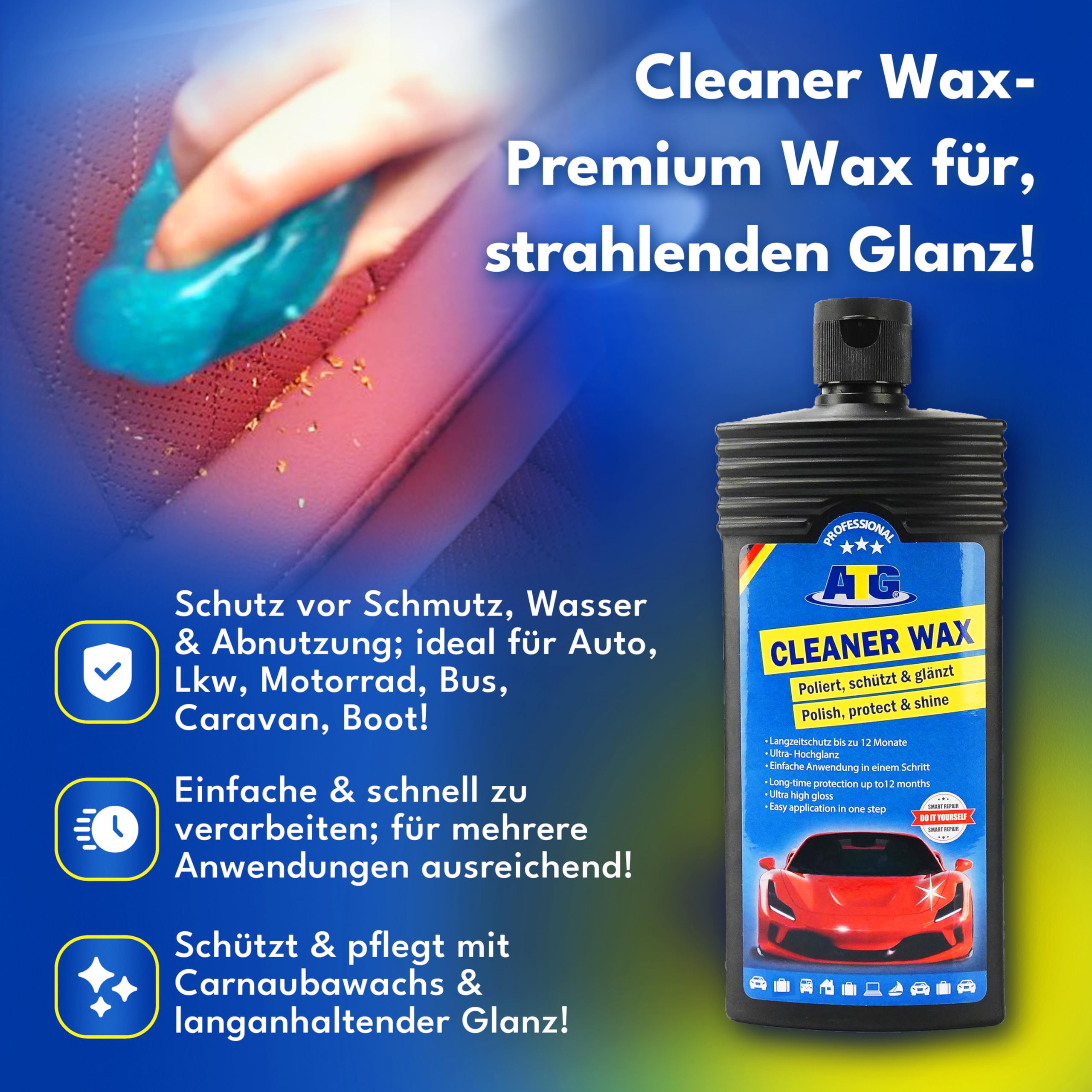 ATG® Premium Autopflegeset - Lederpflege mit Zitrusduft - Scheibenversiegelung - Cleaner Wax Autopolitur mit Carnaubawachs - Reinigungsgel für den Innenraum - Kratzerentferner - 3x Mikrofasertuch