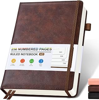 Premium Brown Leather Lined Journal Notebook - A5 Hardcover, 256 Numbered Pages, 100GSM Thick Ruled Paper for Writing, Work & School