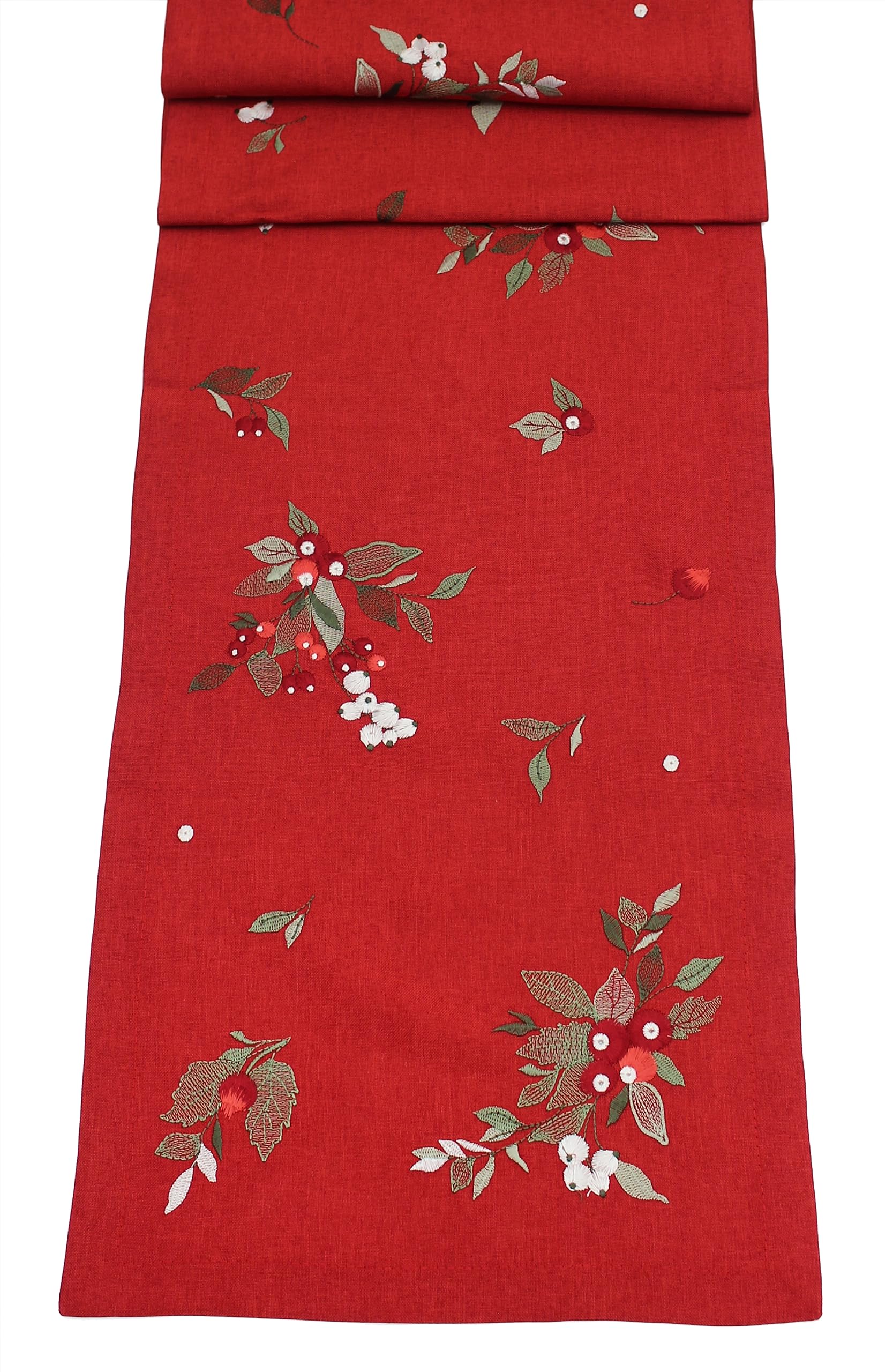 Peggy Wilkins Red Rosehip Christmas Embroide Table Runner - 14" X 75" (Red)
