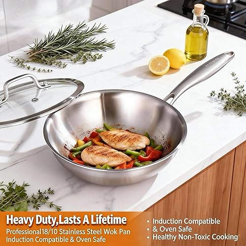 Miniatura 5 de DELARLO Sartenes Wok de Acero Inoxidable de Tres Capas, 30.5 cm de Sartén Wok de Cocina Saludable y No Tóxica con Tapa, Sartenes para Freír Anchas y