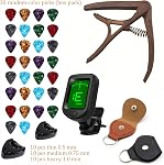 Guitar Accessories Kit with Digital Tuner, Capo, 30 Picks, Leather Pick Holder, Storage Case